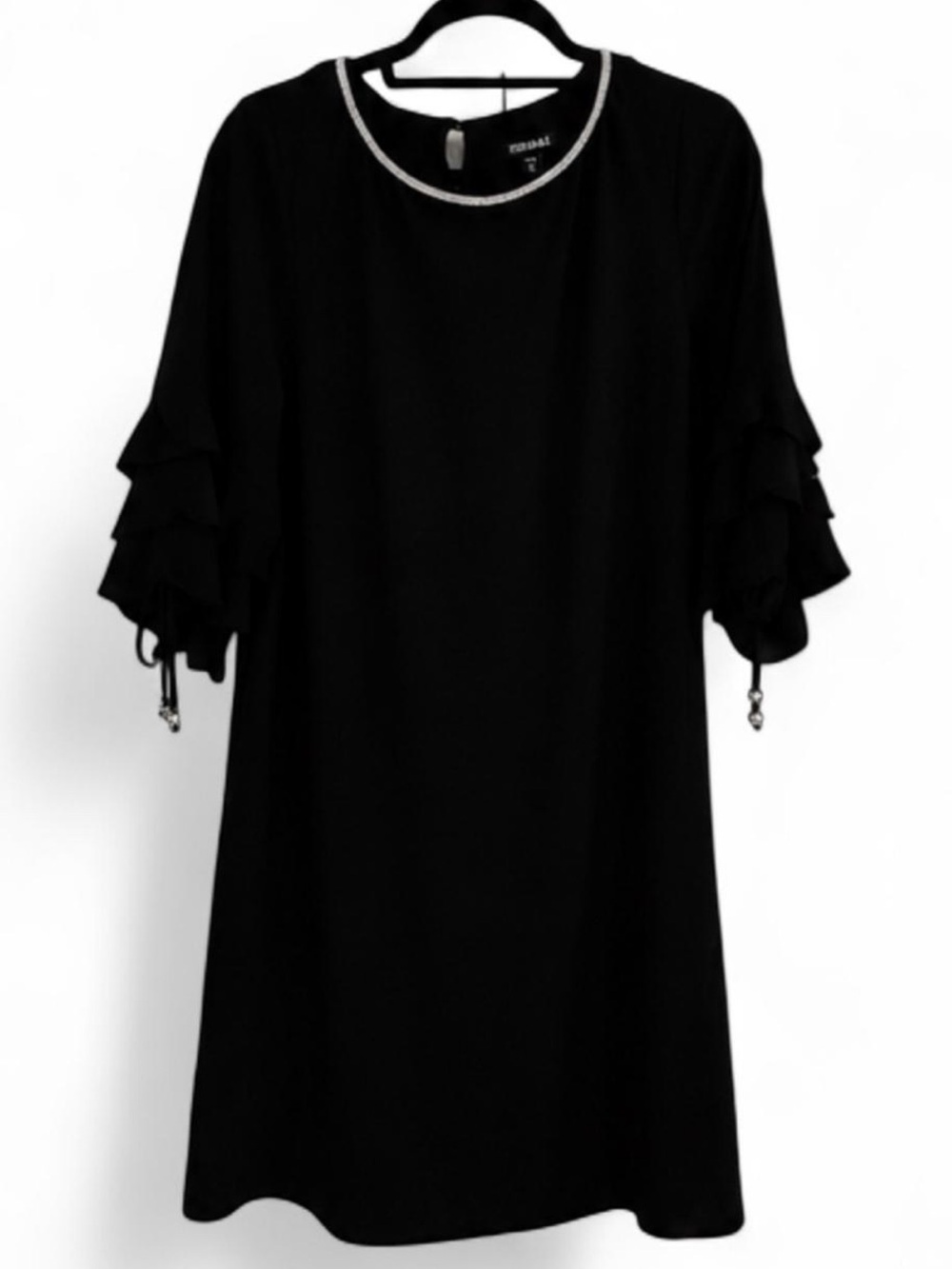 Roz & Ali Black Rhinestone Ruffle Sleeve Shift Dress Size 14